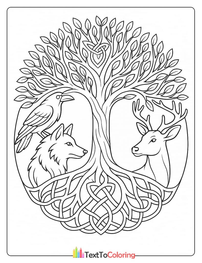 A circular coloring page of a Celtic Tree of Life with its roots and branches forming intricate knots. A raven, a wolf, and a stag are nestled within the tree's design.