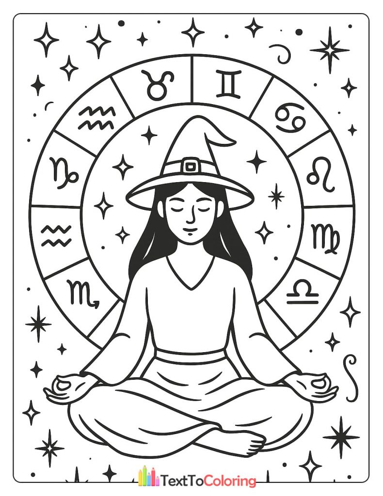 A coloring sheet depicting a woman in a pointed witch hat meditating in the lotus position. She is surrounded by a circle of all twelve zodiac symbols, with a starry background.