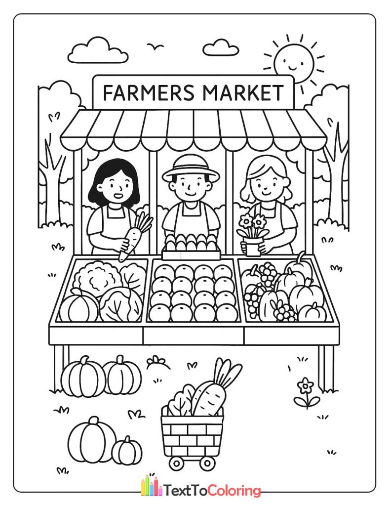 A printable coloring page of a Farmers Market stall with three vendors selling pumpkins, eggs, grapes, and other fresh produce.