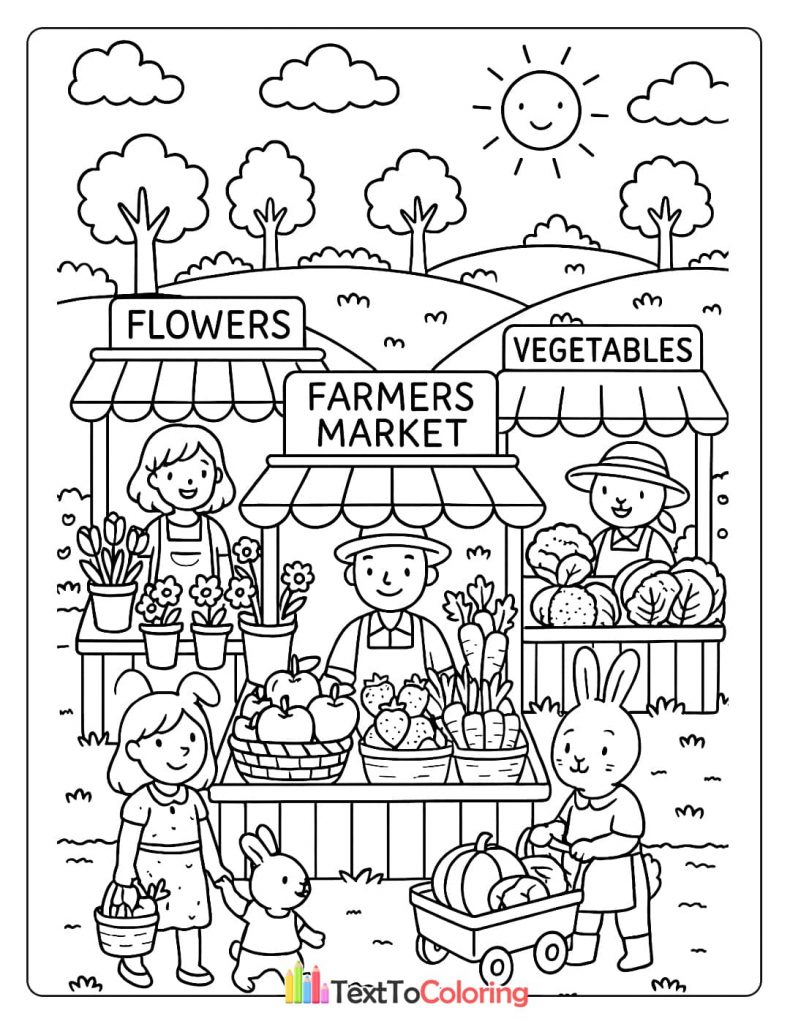 A printable coloring page of a bustling Farmers Market with stalls selling flowers and vegetables, and a family of rabbits shopping.