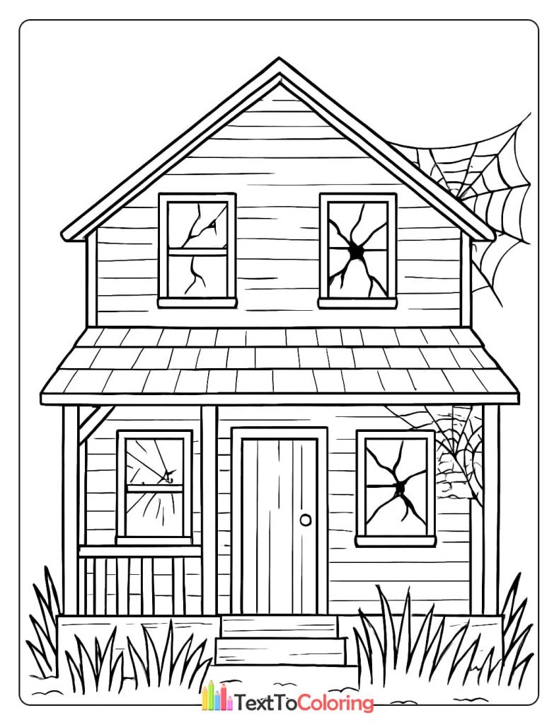 Scary abandoned house with broken windows and spider webs