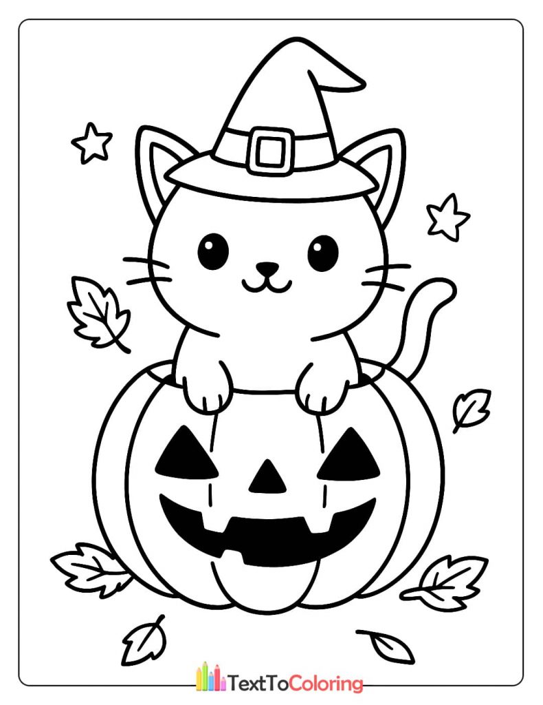 Cute kitten wearing a witch hat sitting in a jack o lantern