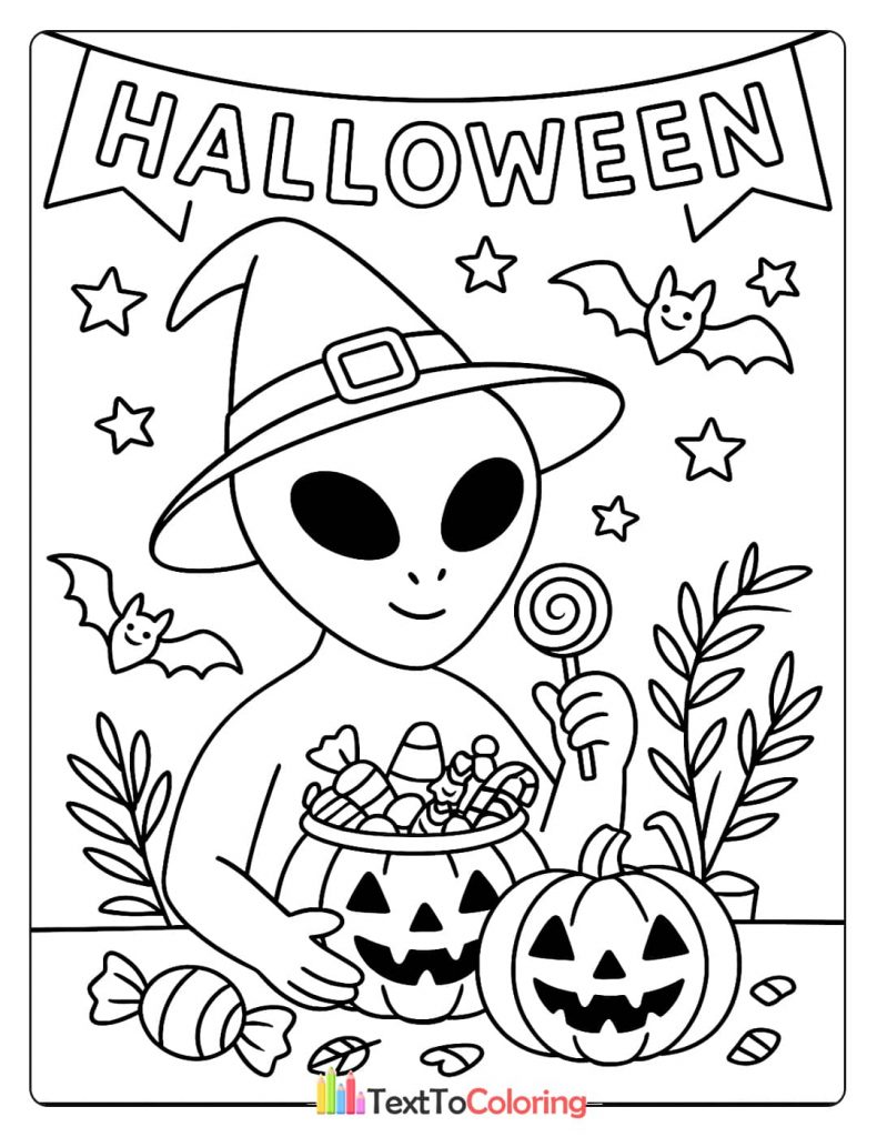 Cute alien wearing a witch hat holding a lollipop and candy pumpkin