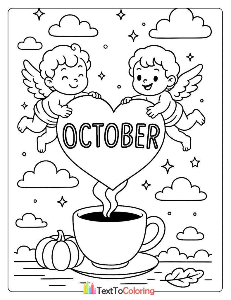Two cherubs holding a heart with the word "October" over a steaming cup of coffee.