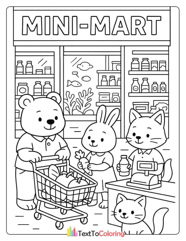 A bear and a rabbit are shopping at a mini-mart while a cat works as a cashier. The bear is pushing a shopping cart full of groceries.
