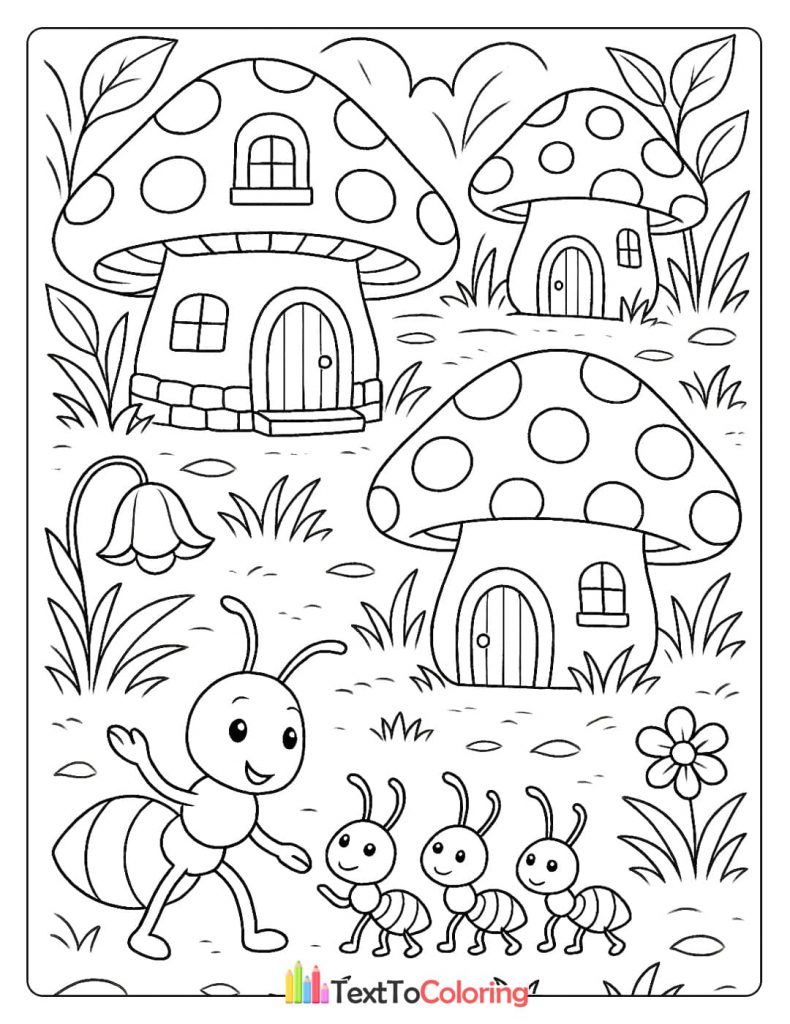Whimsical coloring page of a family of ants walking past mushroom houses in a garden.