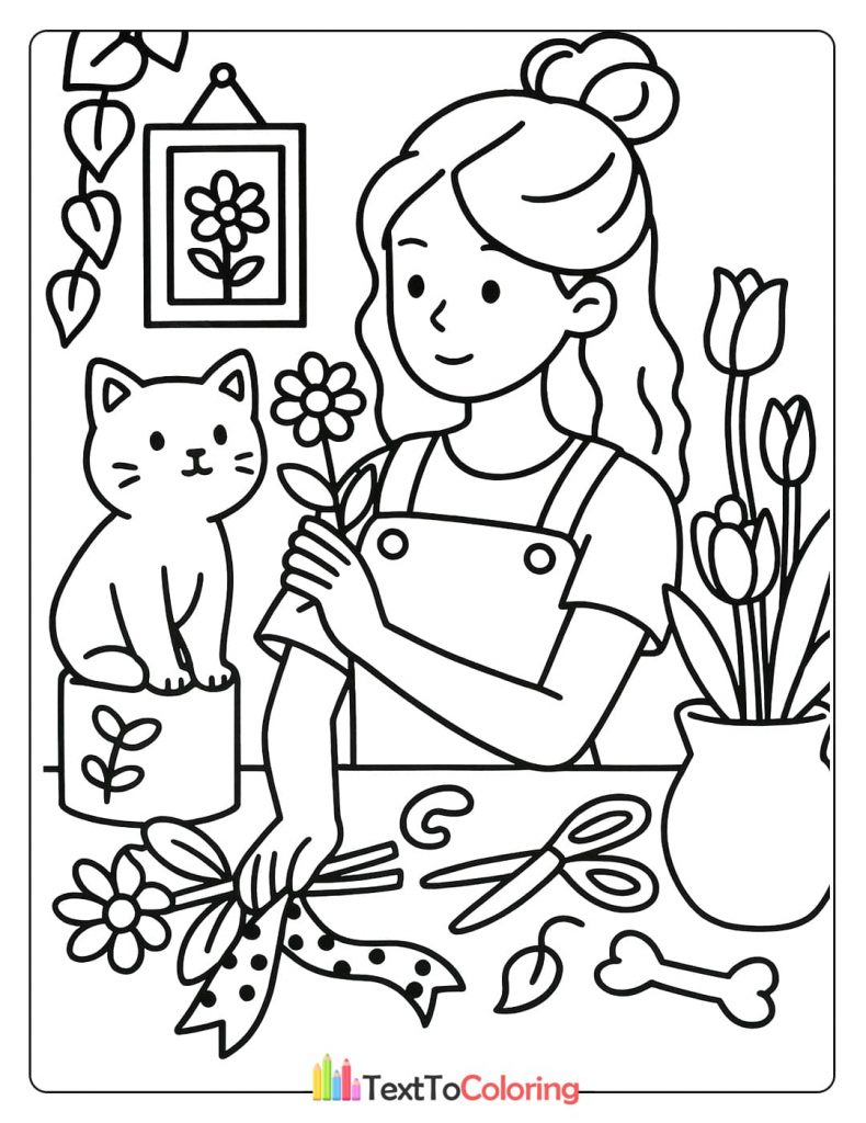 A woman arranges flowers on a table with a cat sitting nearby.