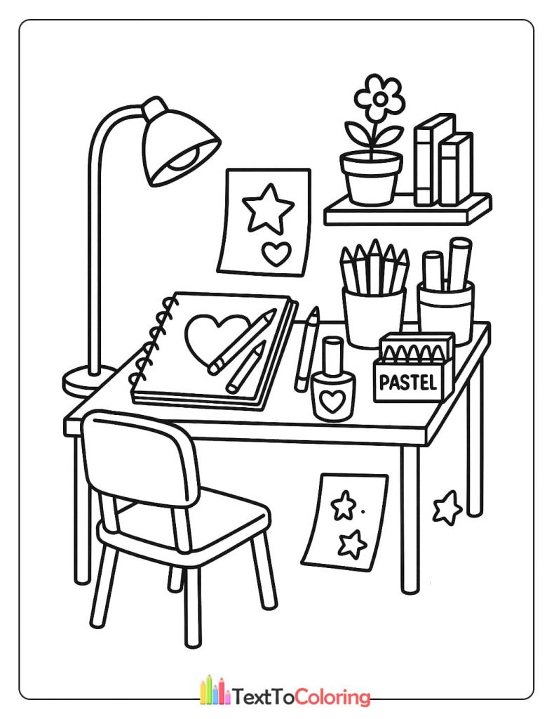 A coloring page of a messy art desk with an open sketchbook, pencils, a lamp, and a potted plant on a shelf.