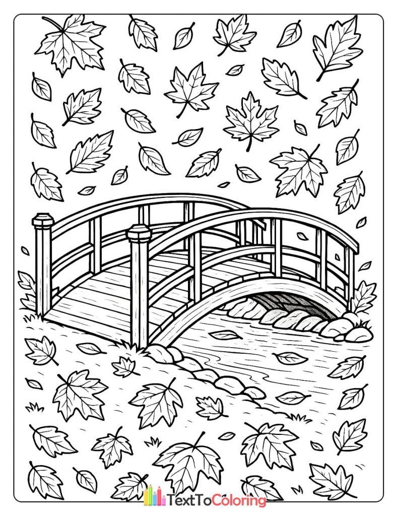 A coloring page of a picturesque wooden bridge over a stream, surrounded by a pattern of autumn leaves.