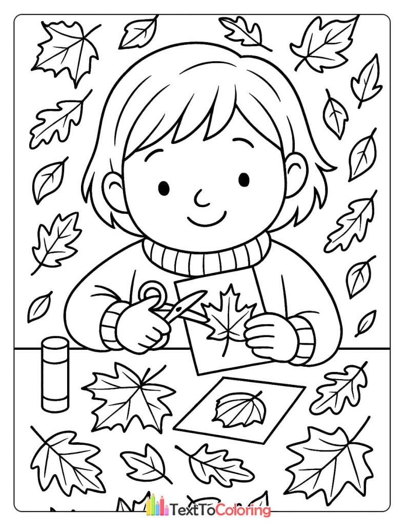 A cute coloring page of a child doing an autumn craft, cutting out a leaf with scissors and glue stick nearby.