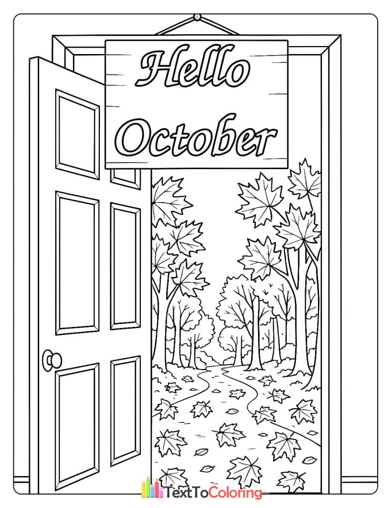 An open door revealing a scenic autumn path with trees and fallen leaves, with a sign that says "Hello October."