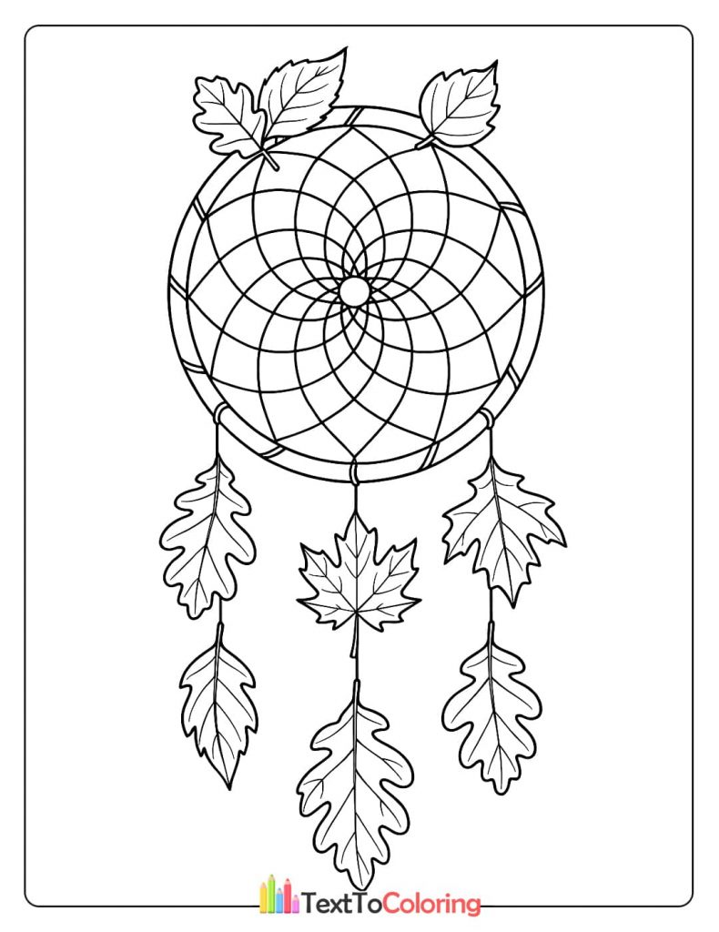 A unique coloring page of a dreamcatcher decorated with different types of autumn leaves.
