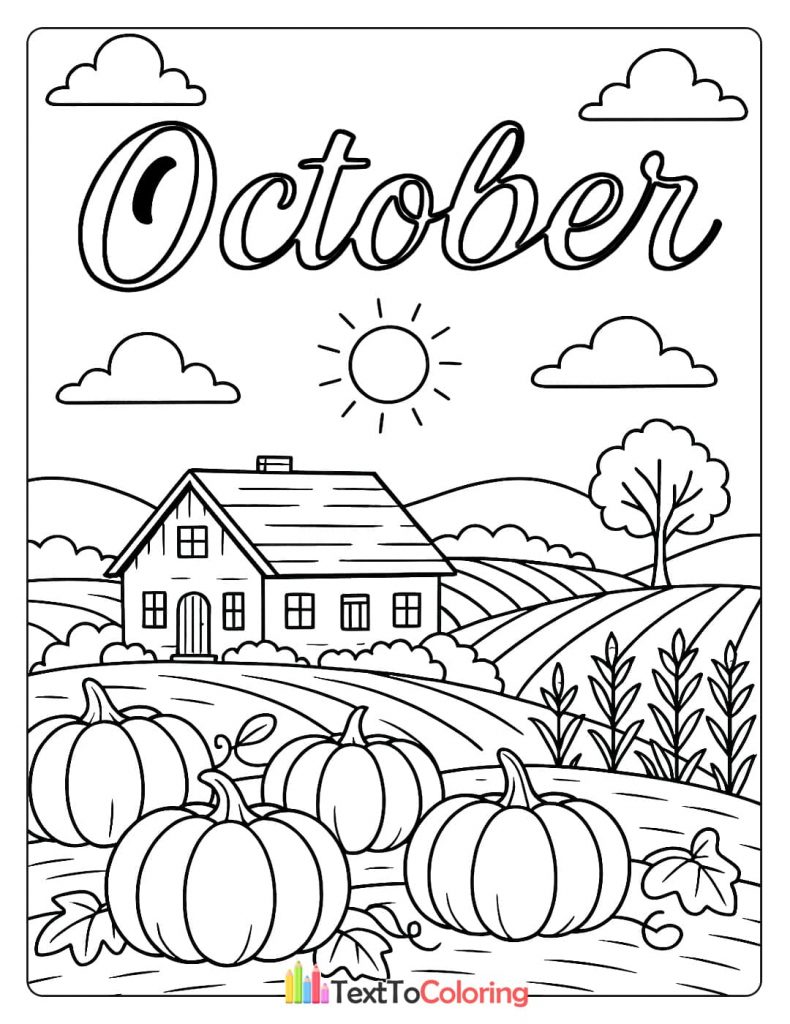 A coloring page of a farmhouse in a field with rows of pumpkins under a sunny October sky.