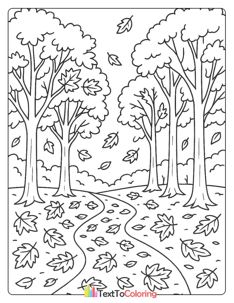 A coloring page of a forest path with trees and a blanket of fallen autumn leaves.