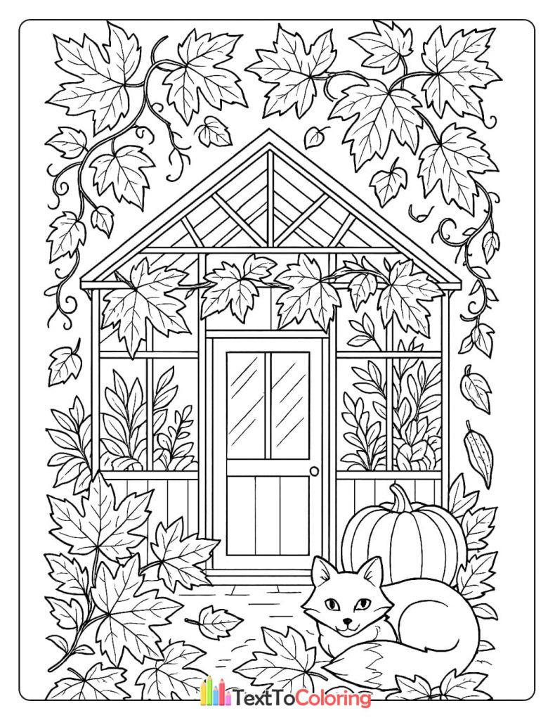 A coloring page of a greenhouse covered in autumn vines, a pumpkin, and a small fox.