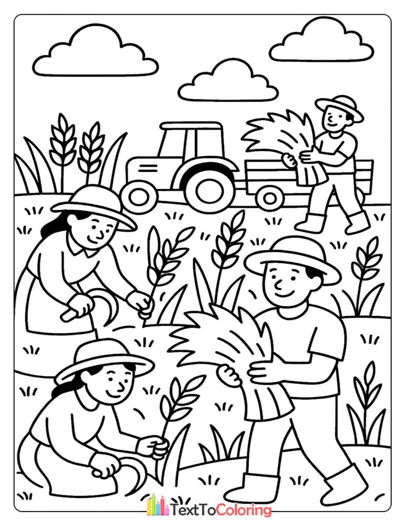 A group of farmers harvesting crops in a field with a tractor in the background.