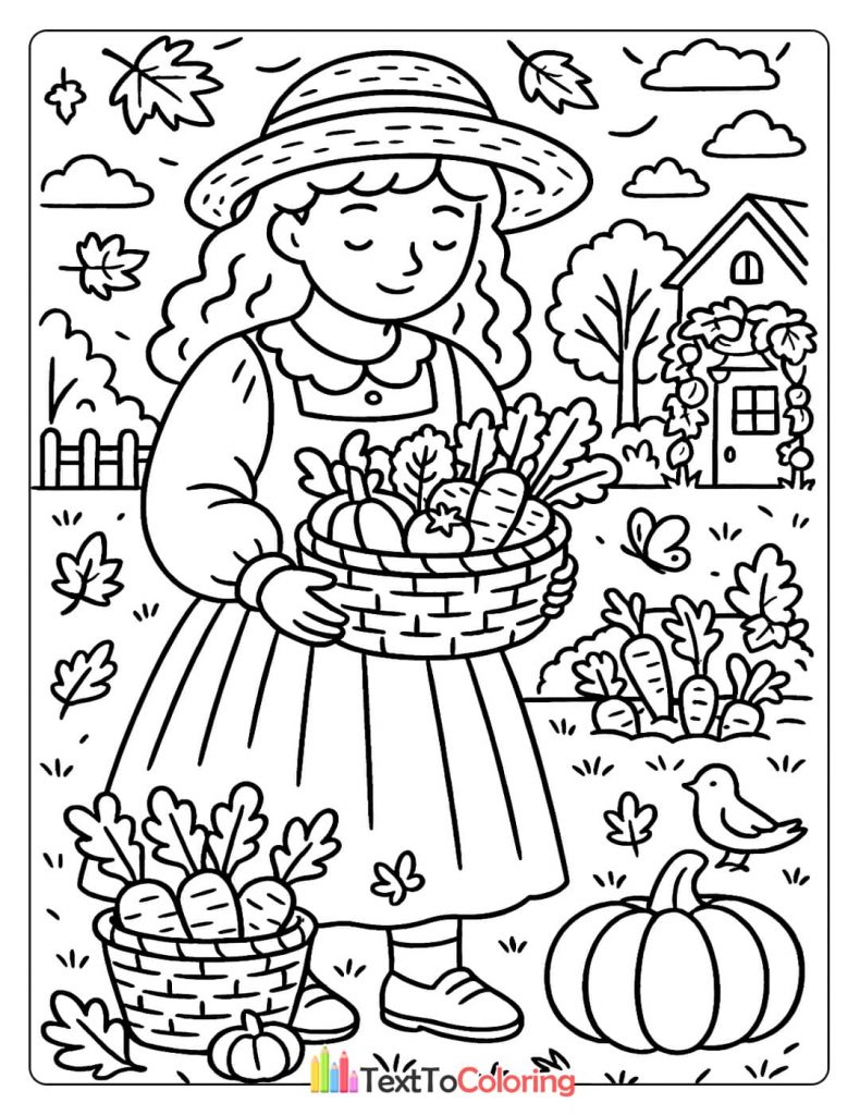 A girl in a hat and apron holding a basket of fresh vegetables and carrots, with a pumpkin and an apple tree behind her.