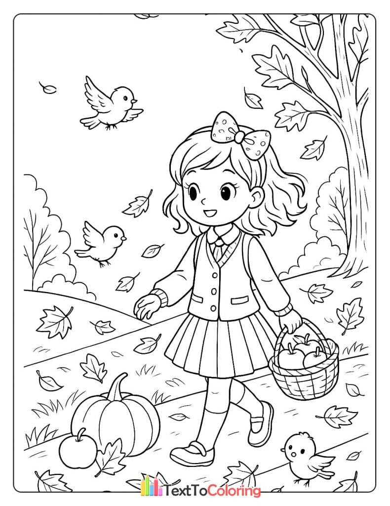 A happy girl with a basket of apples walking in a fall setting with birds and pumpkins.