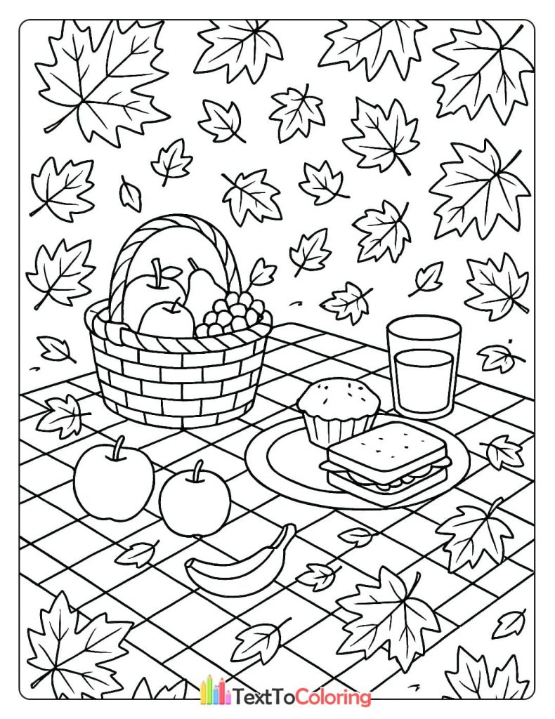 A coloring page of a fall picnic scene with a basket, food, and scattered autumn leaves on a checkered blanket.