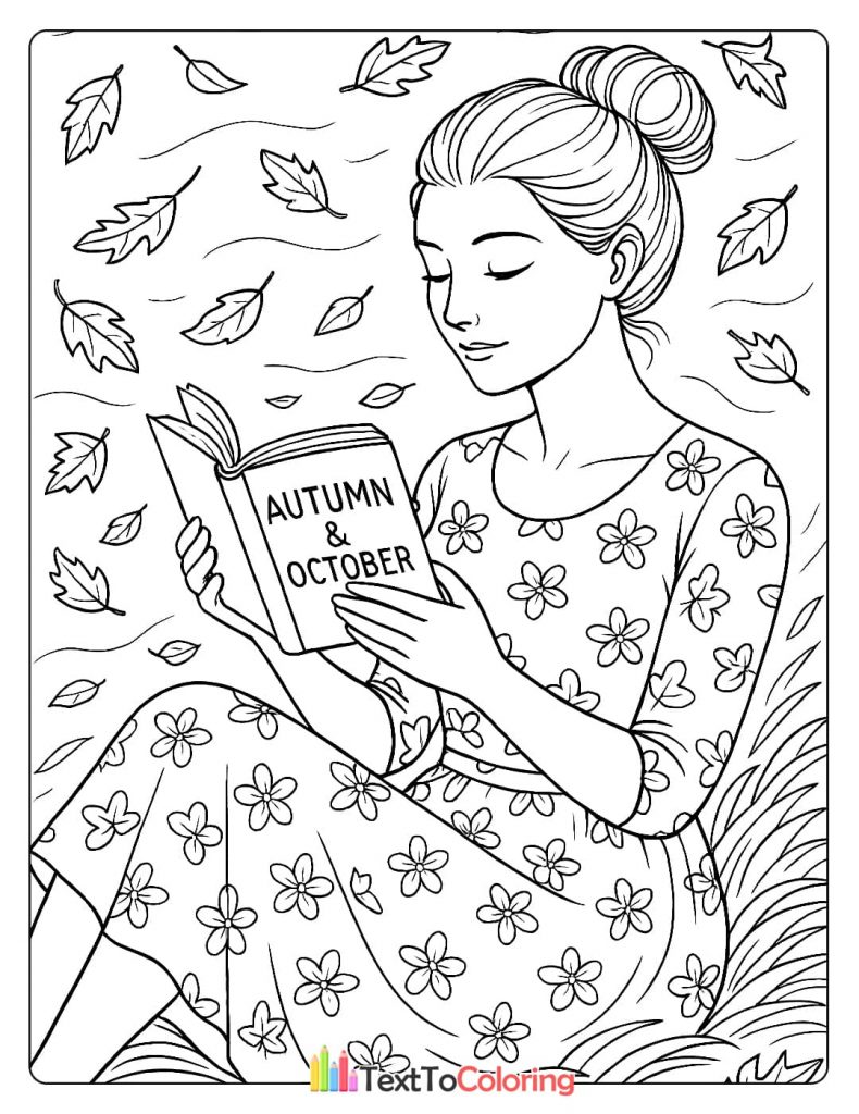 A girl in a floral dress reading a book titled "Autumn & October" while sitting outdoors among grass and falling leaves.