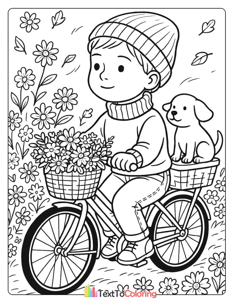 A boy on a bicycle with a basket of flowers and a dog in the back, surrounded by flowers.