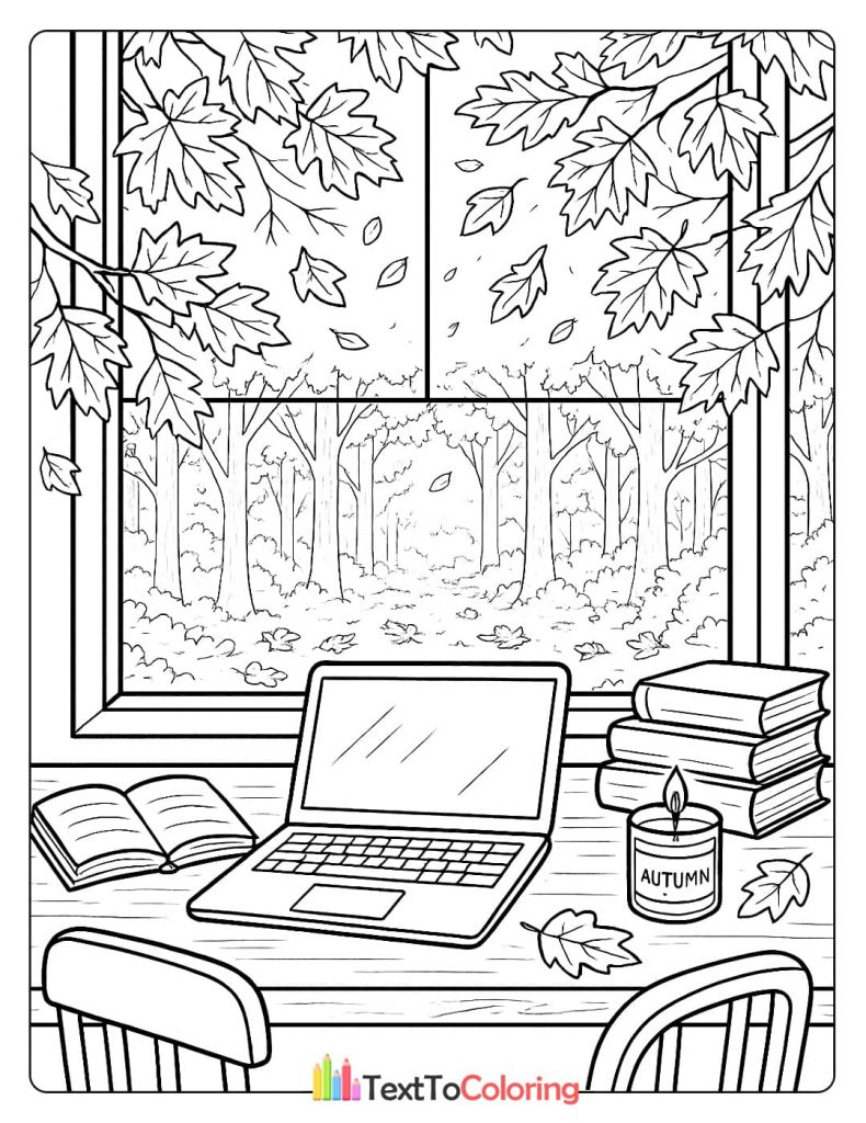 A desk with a laptop, books, and a candle, set against a window with a view of a fall forest and falling leaves.