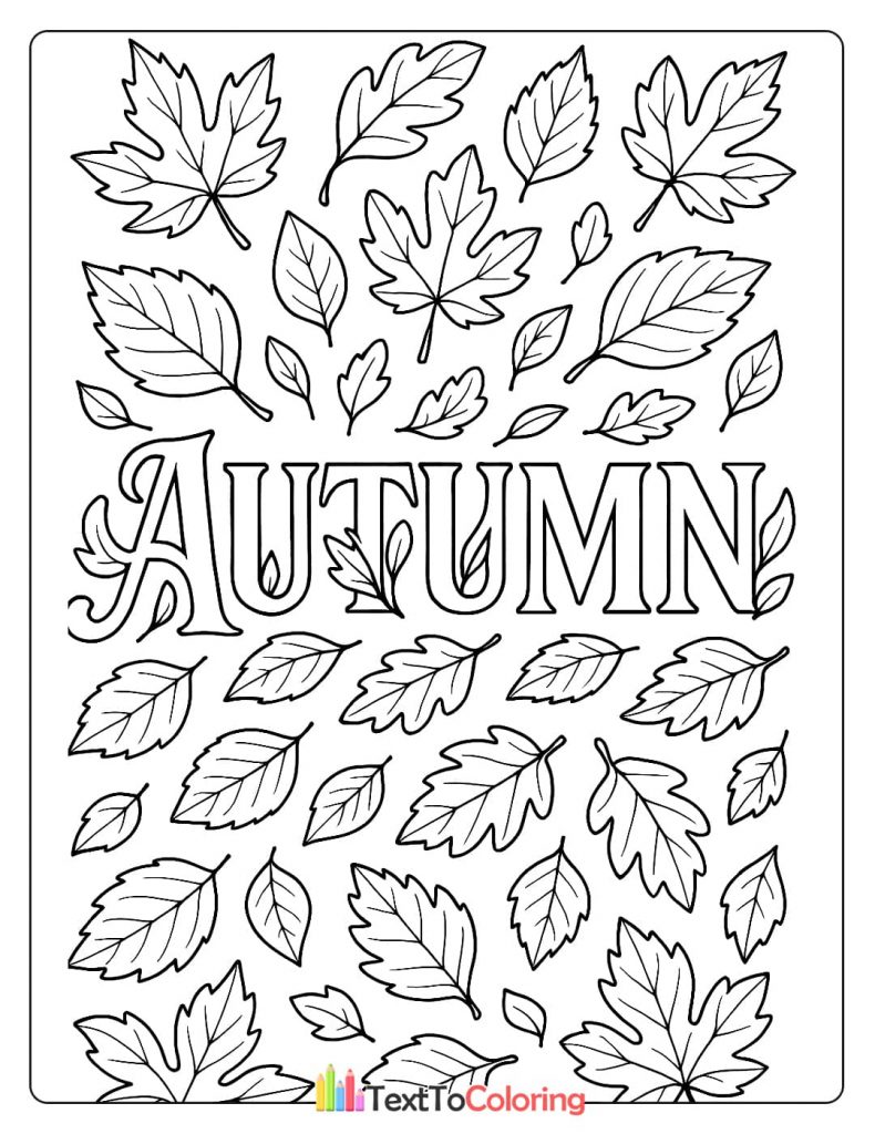 A coloring page with the word "AUTUMN" surrounded by various falling leaves.