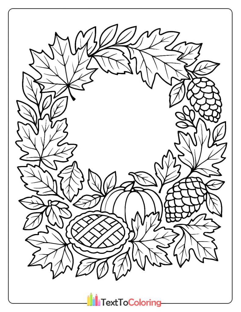 A detailed coloring page of an autumn wreath made of leaves, a pumpkin, pine cones, and a slice of pie.