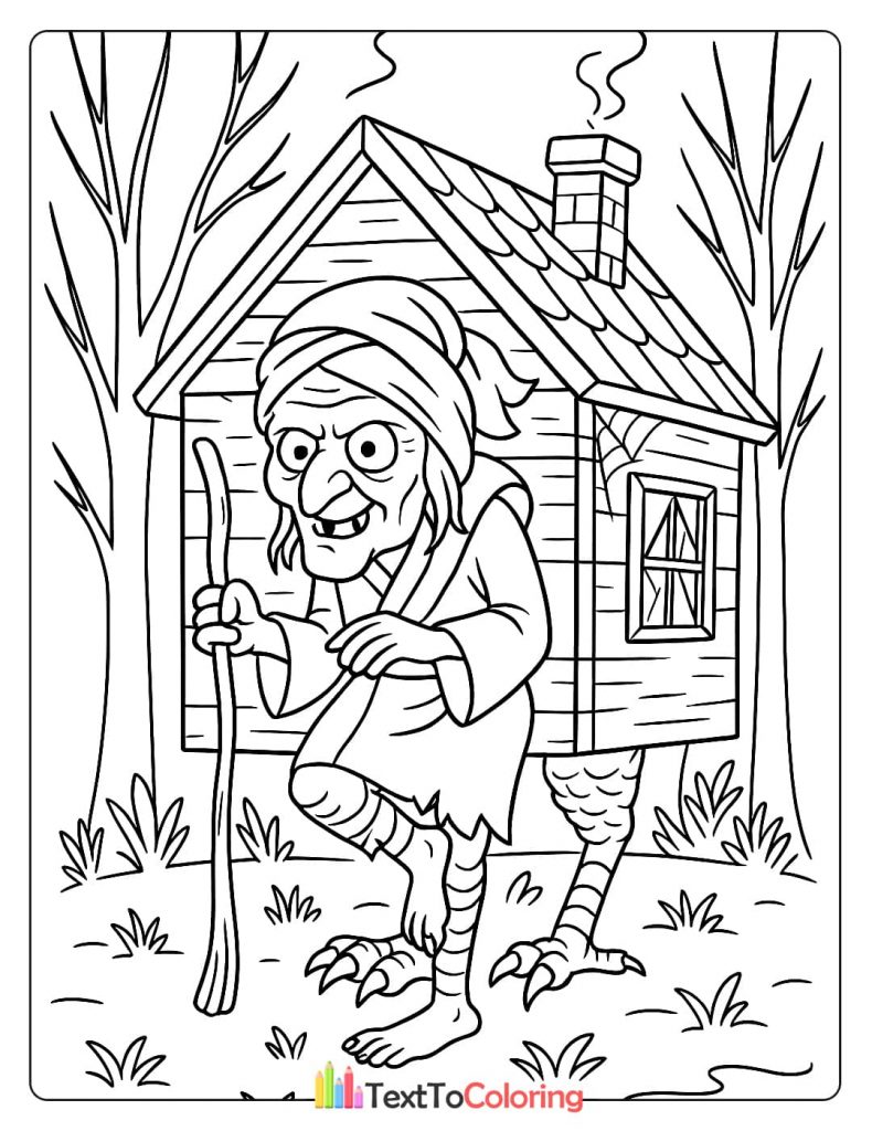 Old witch with walking stick standing next to a house on chicken legs