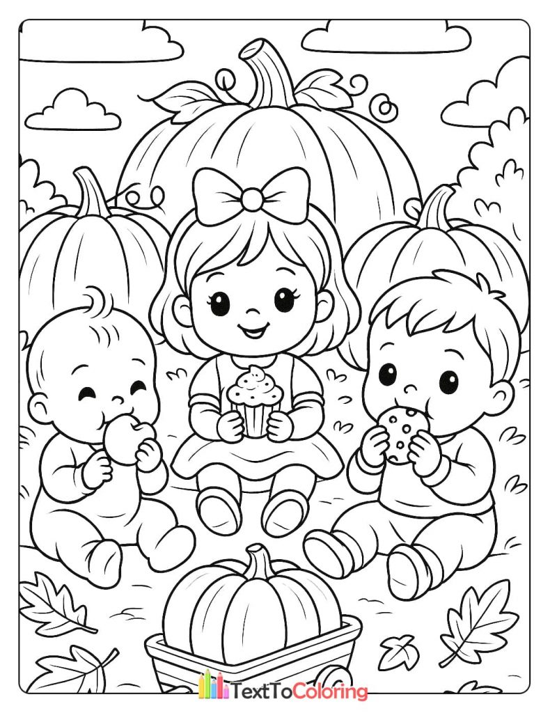 Three babies are sitting together with a pumpkin wagon, eating cookies and cupcakes.