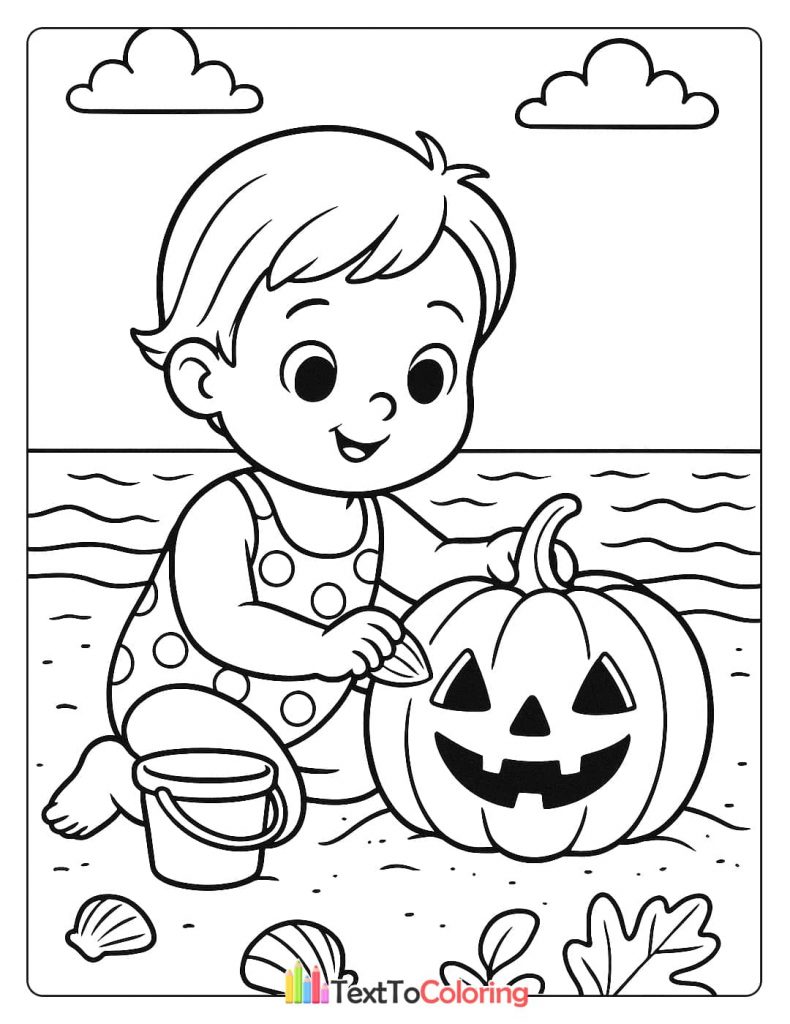 A baby sits on the beach, carving a jack-o-lantern with a toy shovel.