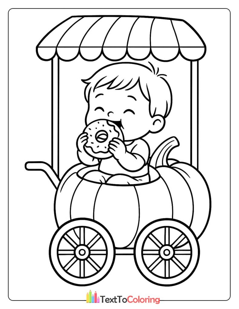 A baby sits in a pumpkin-shaped wagon, eating a donut.