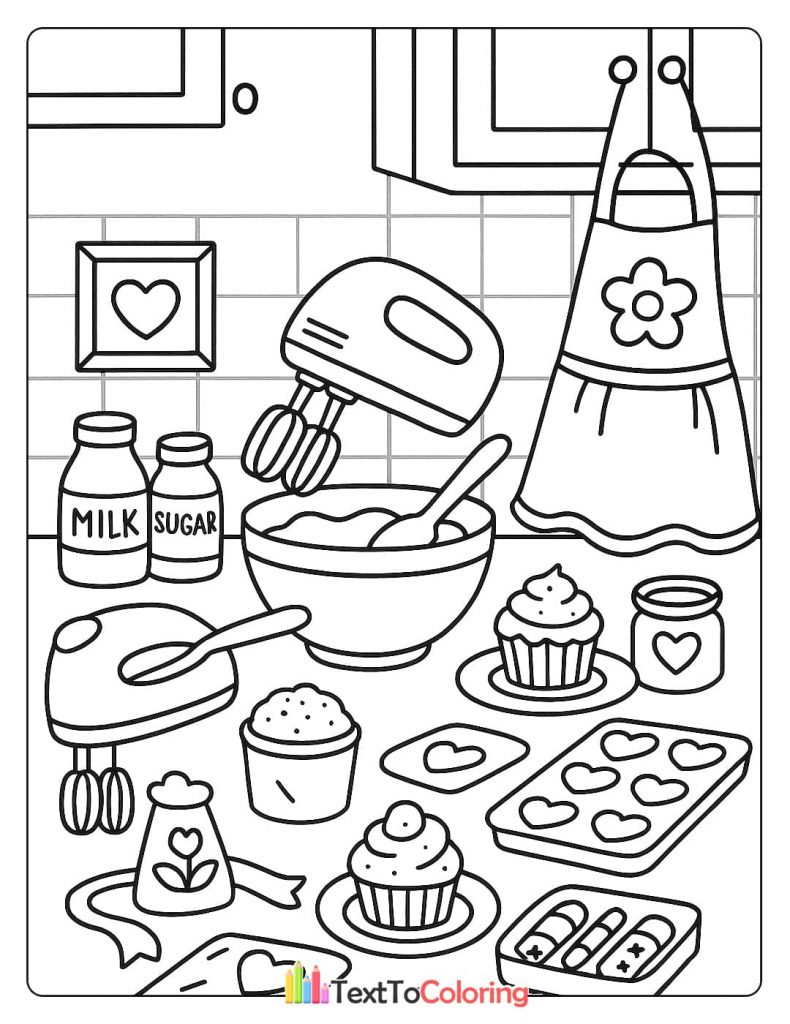 A detailed coloring page of a kitchen counter with baking supplies, including a mixer, a bowl of batter, cupcakes, and milk and sugar bottles.