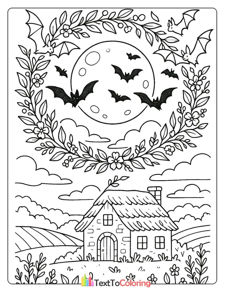 A small brick cottage under a full moon with a floral wreath and bats flying in the sky.