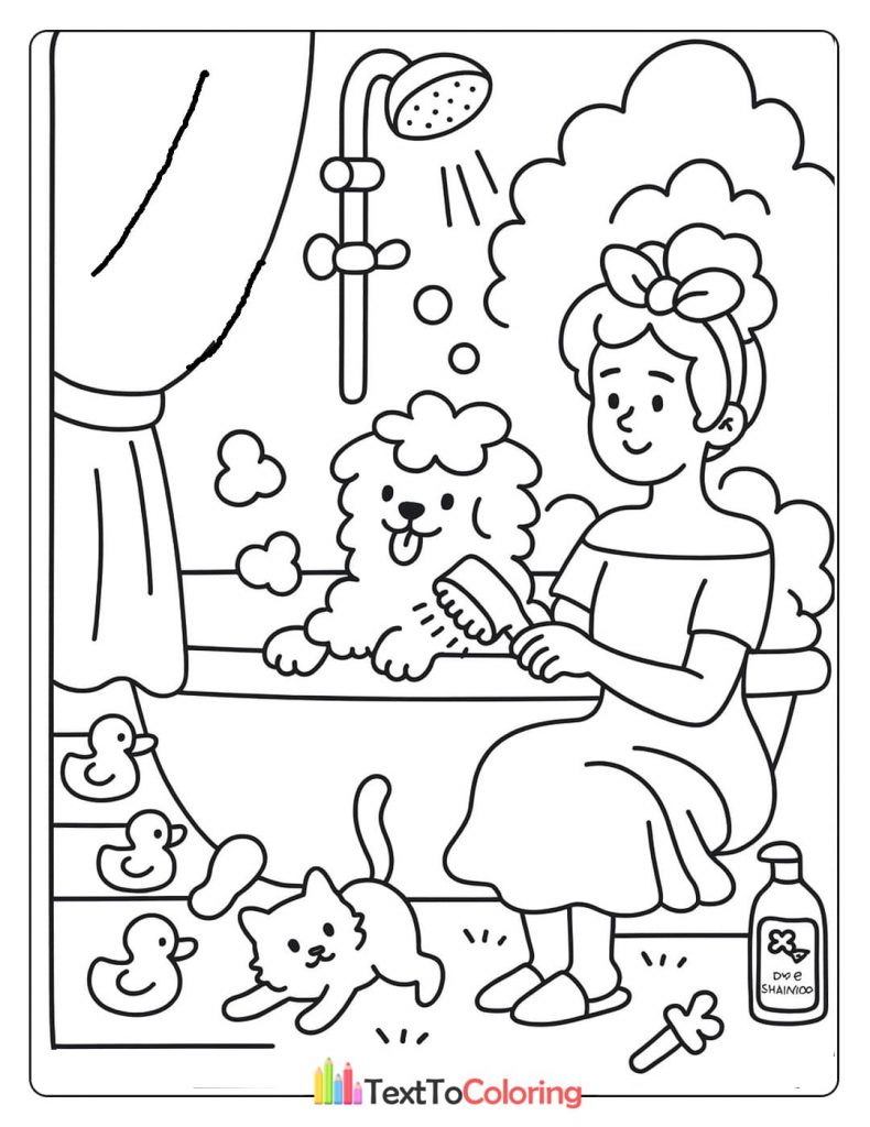 A woman gives a fluffy dog a bath in a tub with rubber ducks.