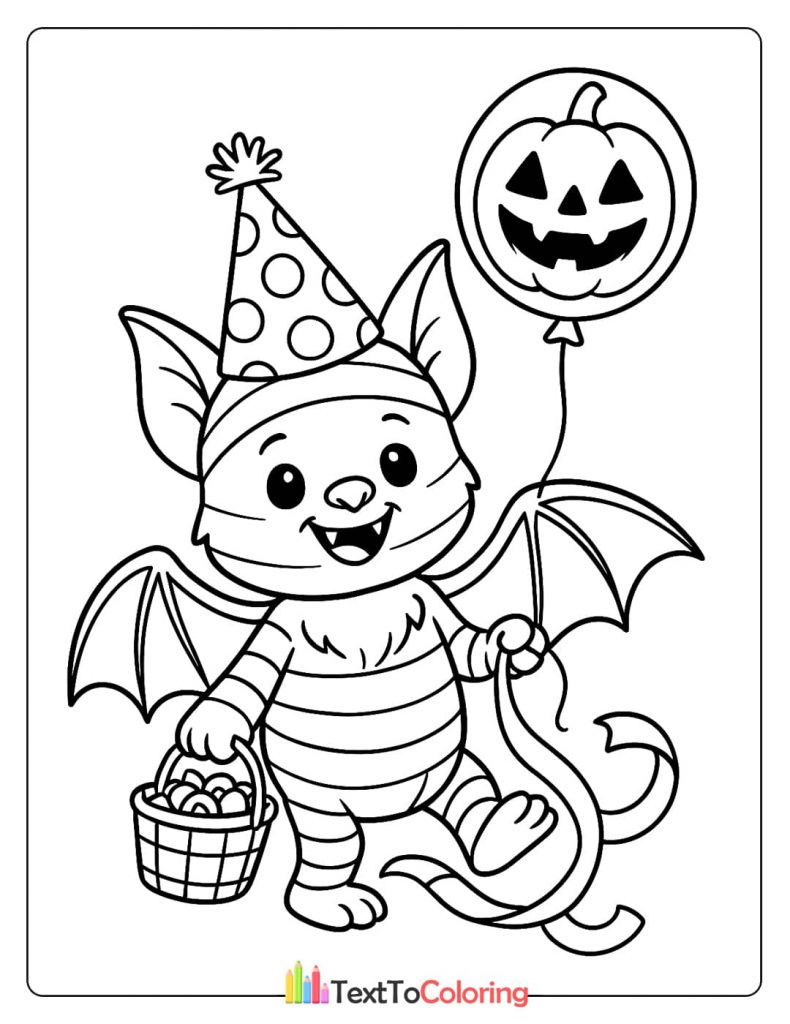 A happy bat wearing a party hat and stripes, holding a pumpkin balloon and a trick-or-treat basket filled with candy.