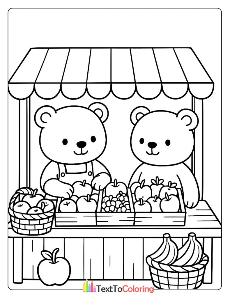 A printable coloring page featuring two adorable bears selling fruits like apples and bananas at a market stand.