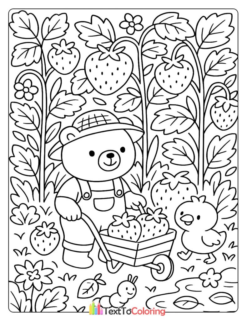 Coloring page of a bear in a hat and overalls pushing a wheelbarrow of strawberries with a chick.