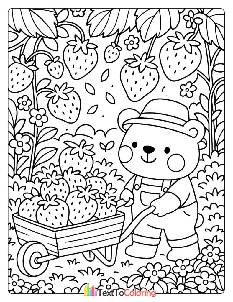 Coloring page of a happy bear pushing a wheelbarrow filled with strawberries in a garden.