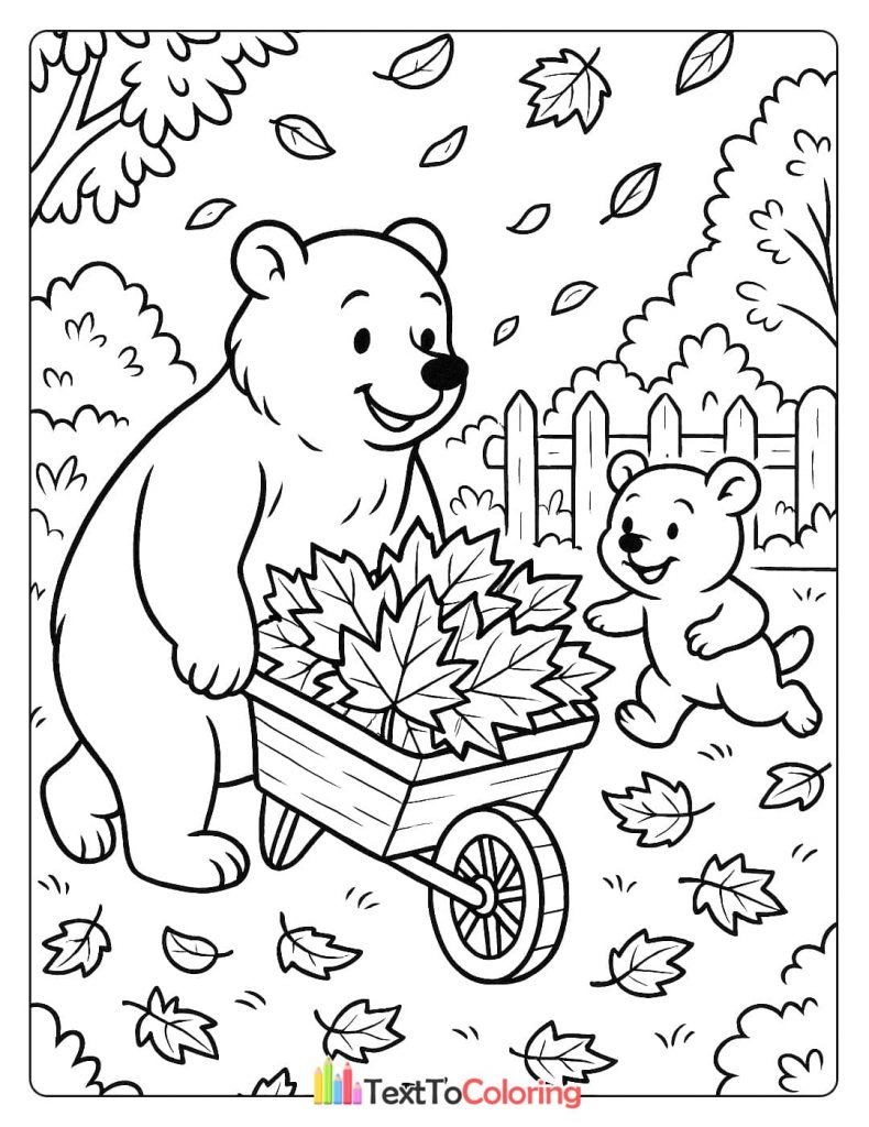 A cute coloring page of a mother bear and her cub playing with a wheelbarrow full of fall leaves.