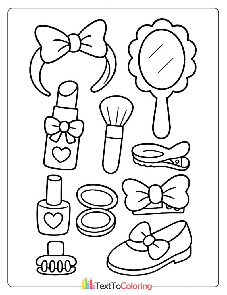 A collection of beauty and fashion items for coloring, including a lipstick, a mirror, a makeup brush, and a hair clip.