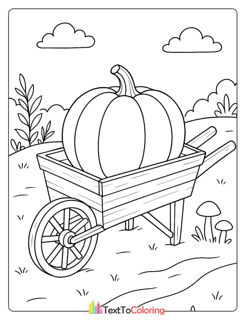 A large pumpkin is sitting inside a wooden wheelbarrow on a grassy path.