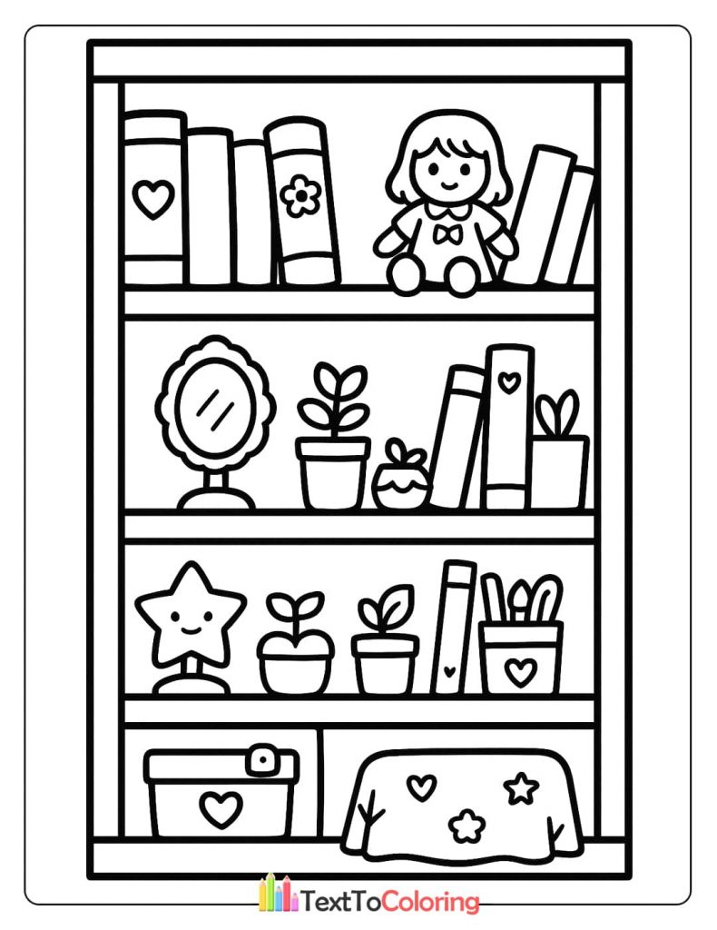 A neatly organized bookshelf coloring page with books, a small doll, a mirror, and potted plants.