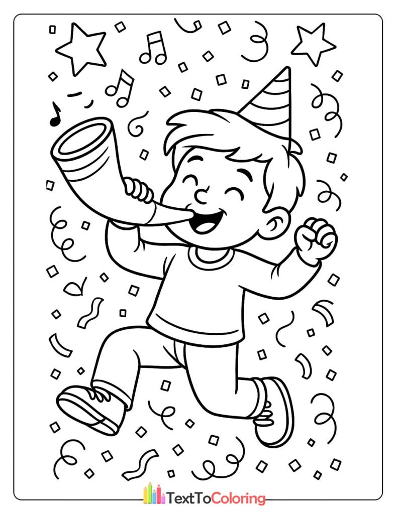 A boy wearing a party hat, happily blowing a shofar, with confetti and musical notes around him.