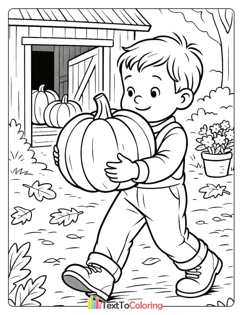 A boy is walking while carrying a pumpkin he just picked from a barn.