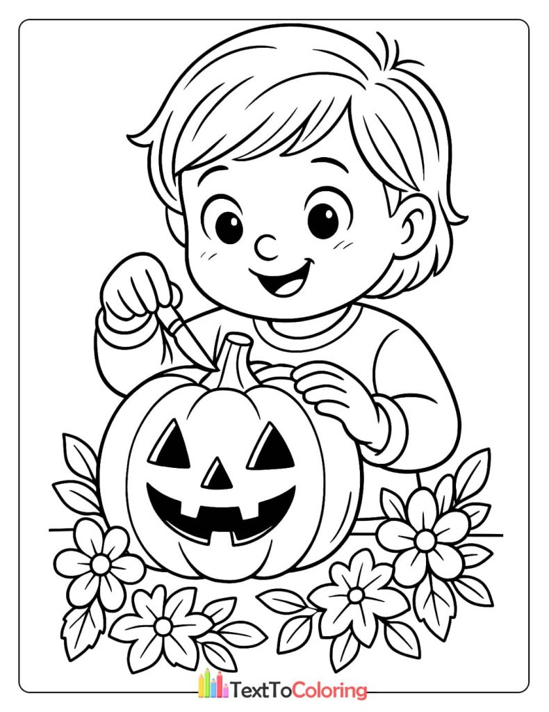 A boy is happily carving a face into a small pumpkin.