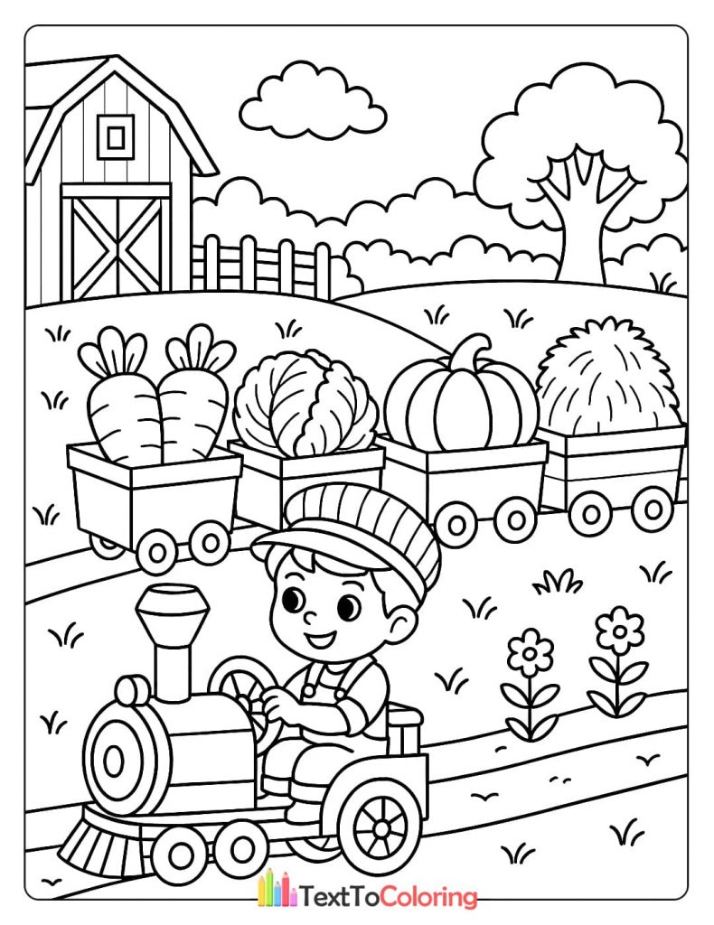 A coloring page of a boy driving a toy train with wagons full of carrots, cabbage, pumpkins, and hay bales on a track with a farm in the background.