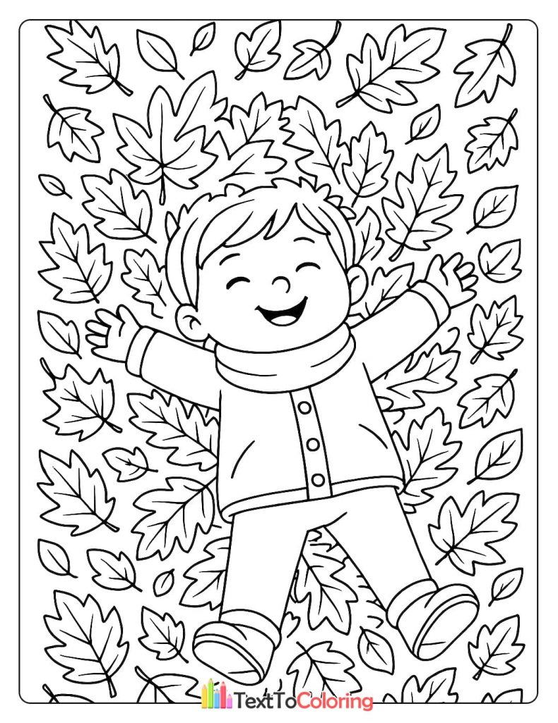 A cheerful coloring page of a boy happily making a leaf angel in a large pile of autumn leaves.