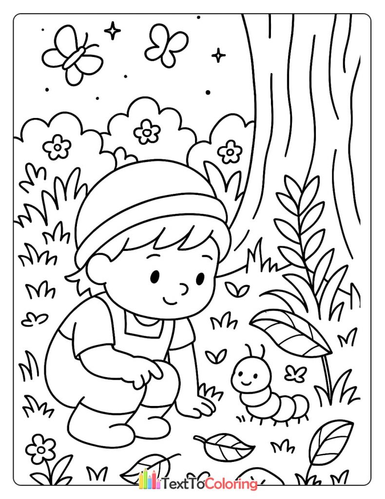 Sweet coloring page of a young boy crouching down to look at a smiling caterpillar.