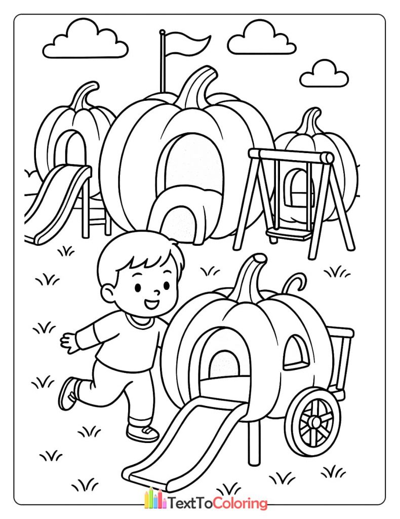 A boy runs in a playground with pumpkin-themed slides and a swing.